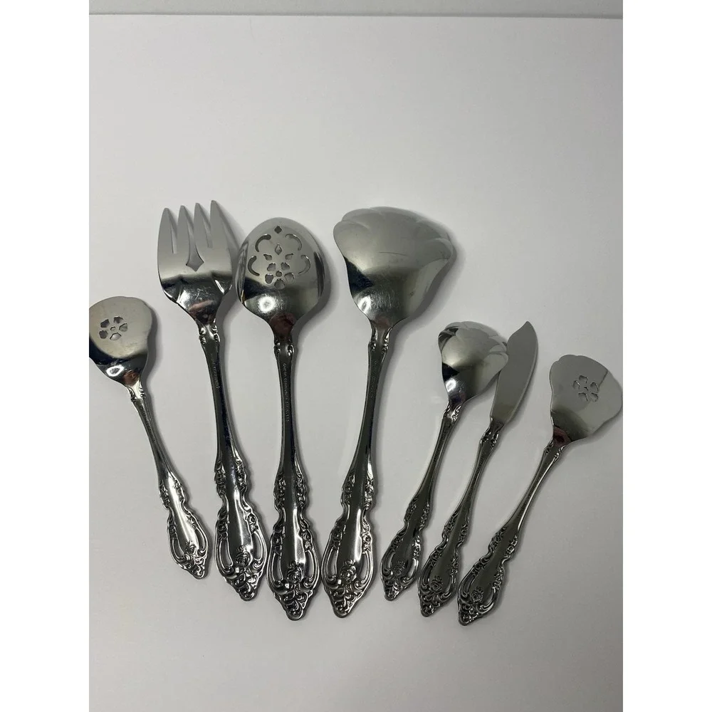 7 - Serving Tablespoon Meat Fork Spoon Pierced Oneida Community BRAHMS Stainless